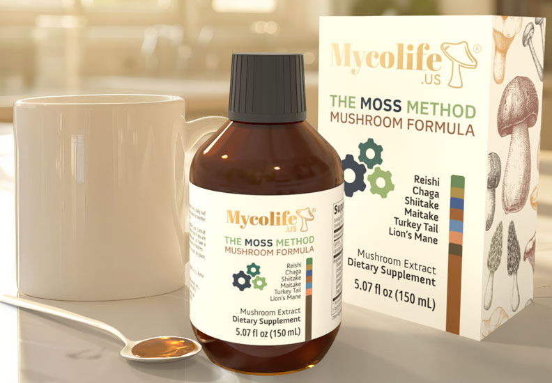 The Moss Method Mushroom Formula 150ml bottle, dual-extracted organic six-mushroom liquid blend